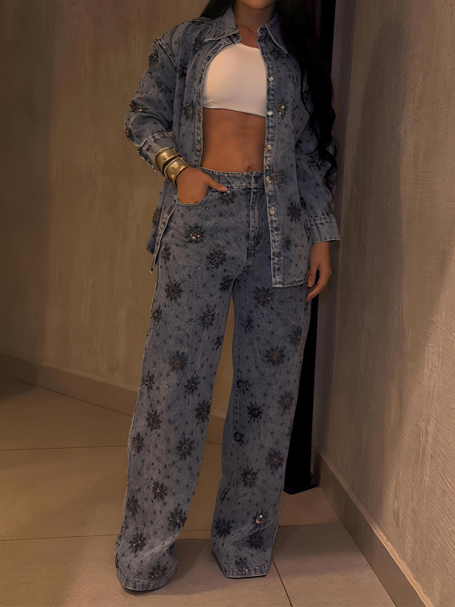Rhinestone Sparkle Flower Print Denim 2PC Set
