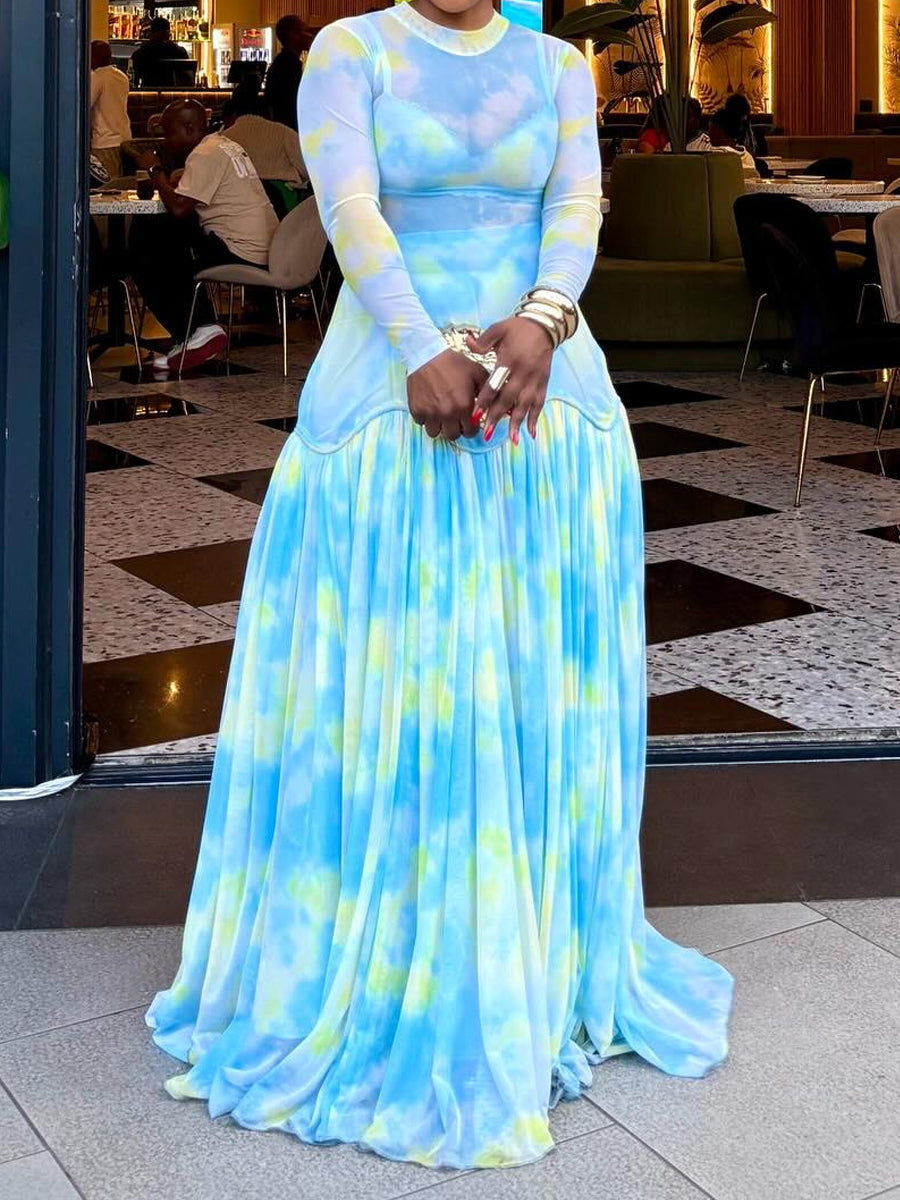 Tie Dye Print Mesh Patchwork Pleated Party Maxi Dresses