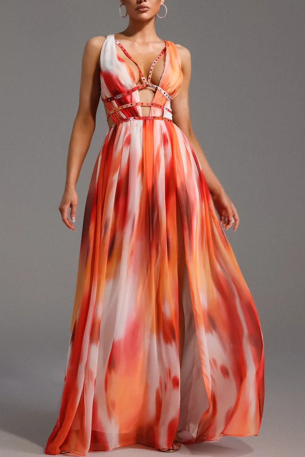 Deep V Neck Printed Cutout Maxi Dress