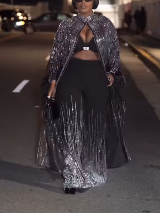 Silver Rhinestone Trim Pants Set