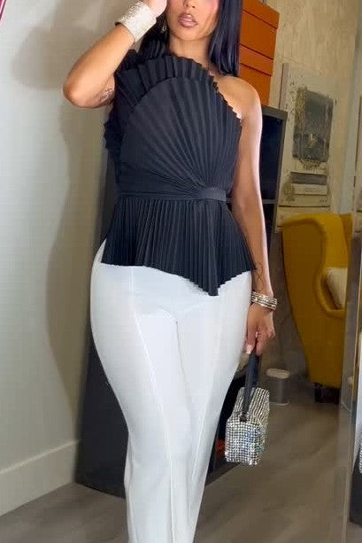 Solid Pleated Tube One Shoulder Blouse