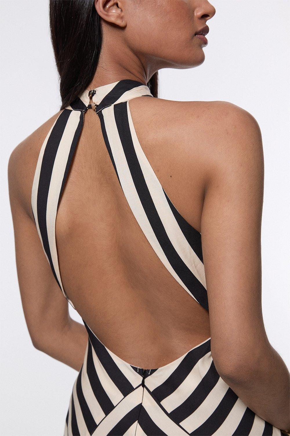 High-waisted smooth striped maxi halter dress