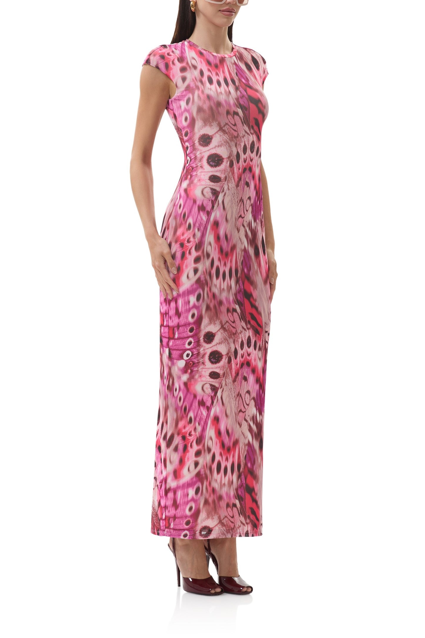 Mesh long sleeve midaxi dress in berry butterfly print