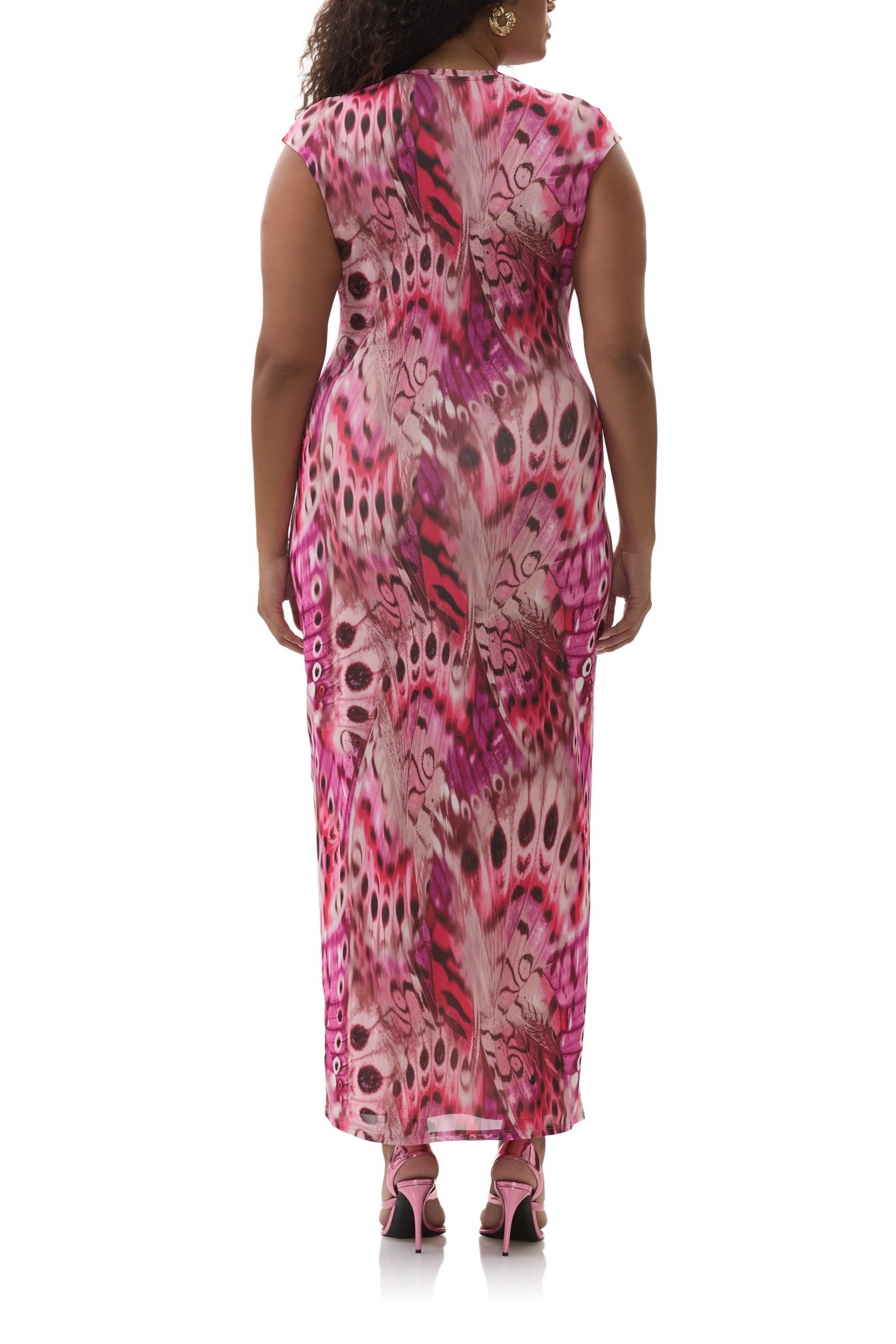 Mesh long sleeve midaxi dress in berry butterfly print