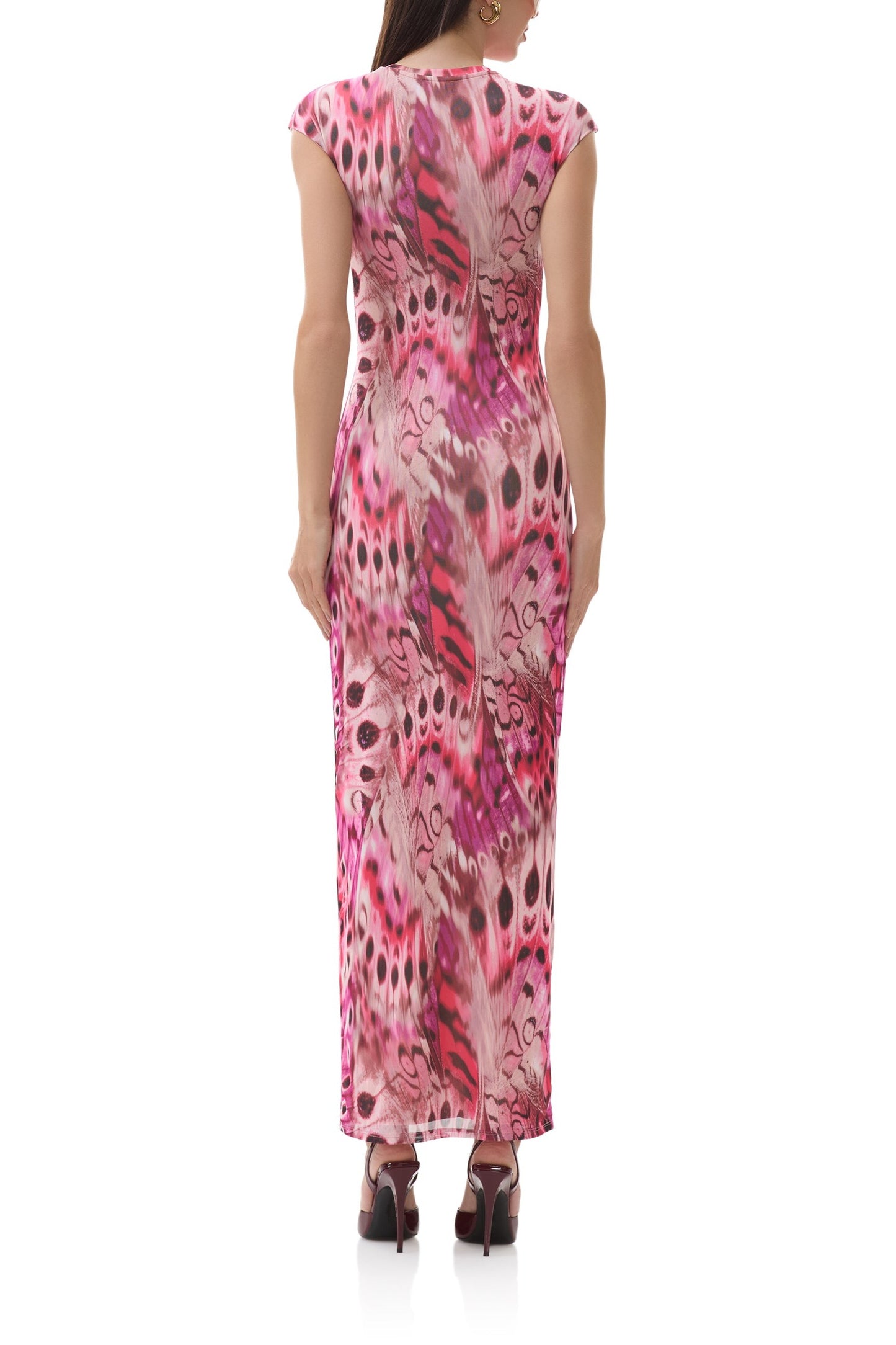 Mesh long sleeve midaxi dress in berry butterfly print