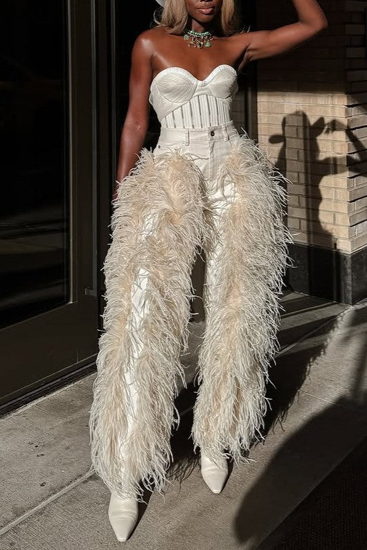 Straight Leg Jeans With Lots Of Feather Fringe
