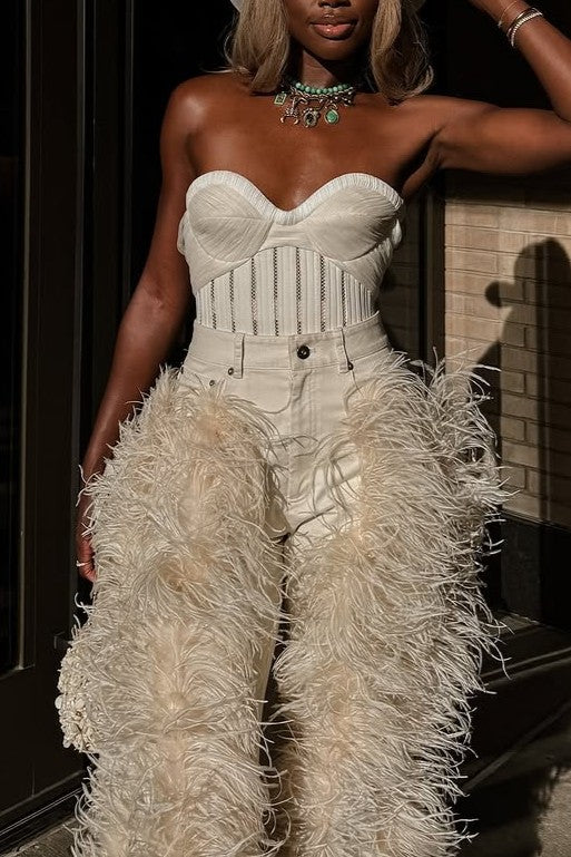 Straight Leg Jeans With Lots Of Feather Fringe