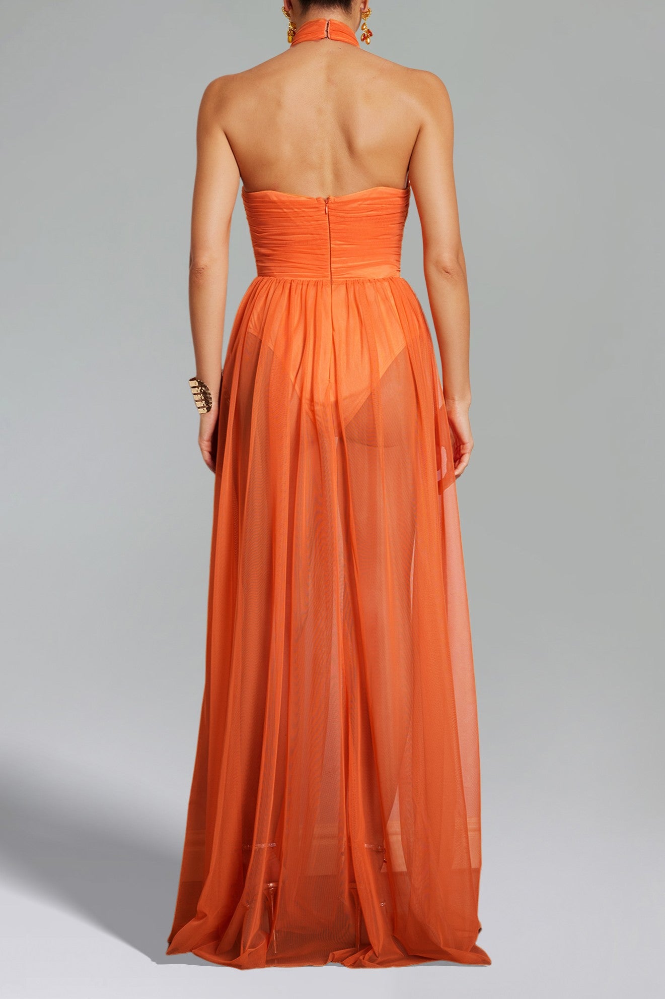 Halterneck Twist Mesh Maxi Dress
