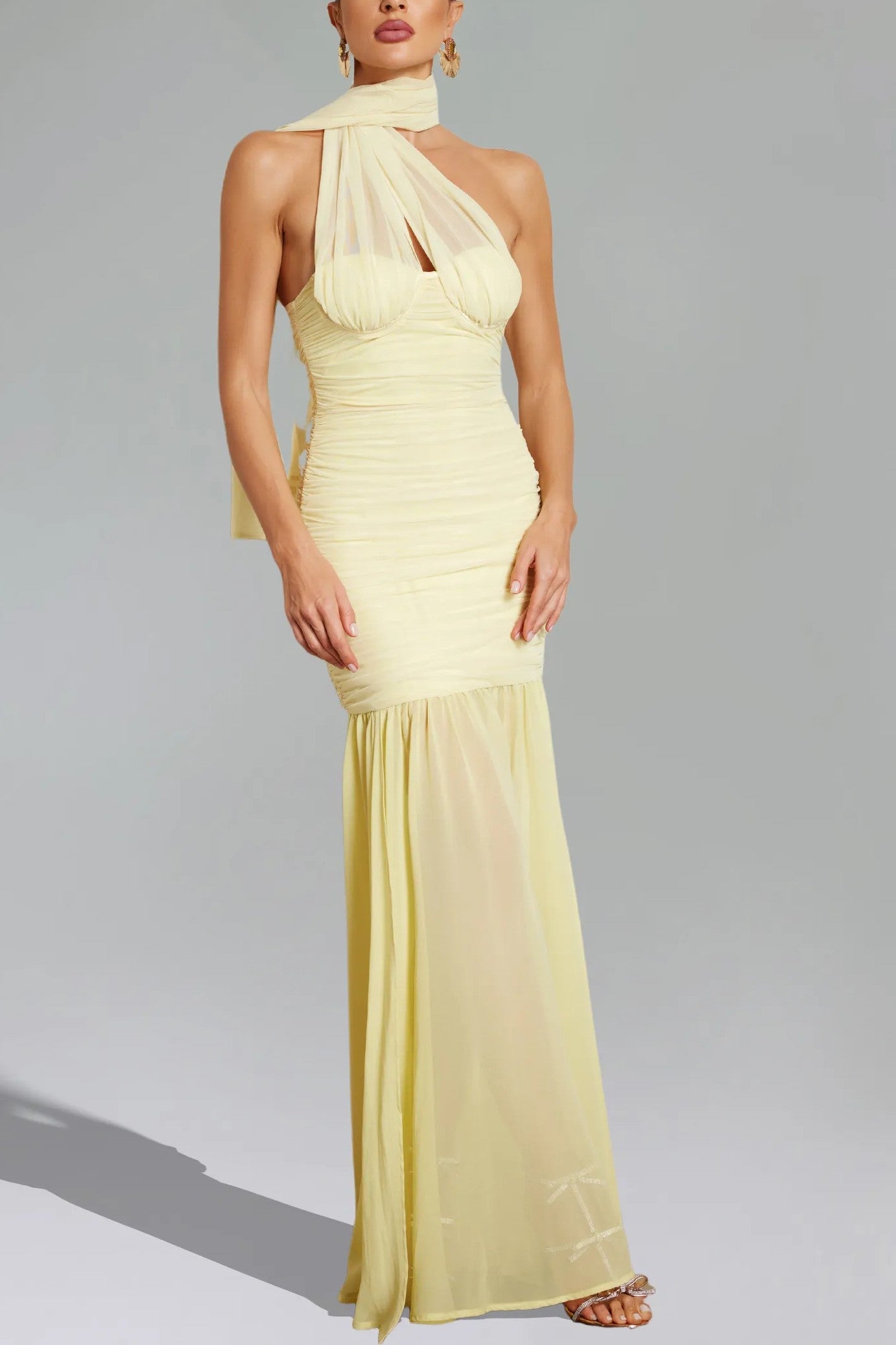 Halterneck Twist Mesh Maxi Dress