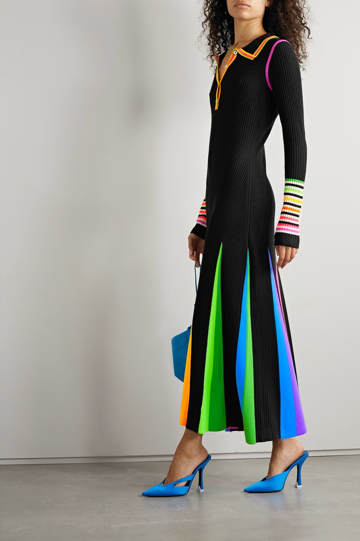 Pleated striped ribbed wool maxi dress