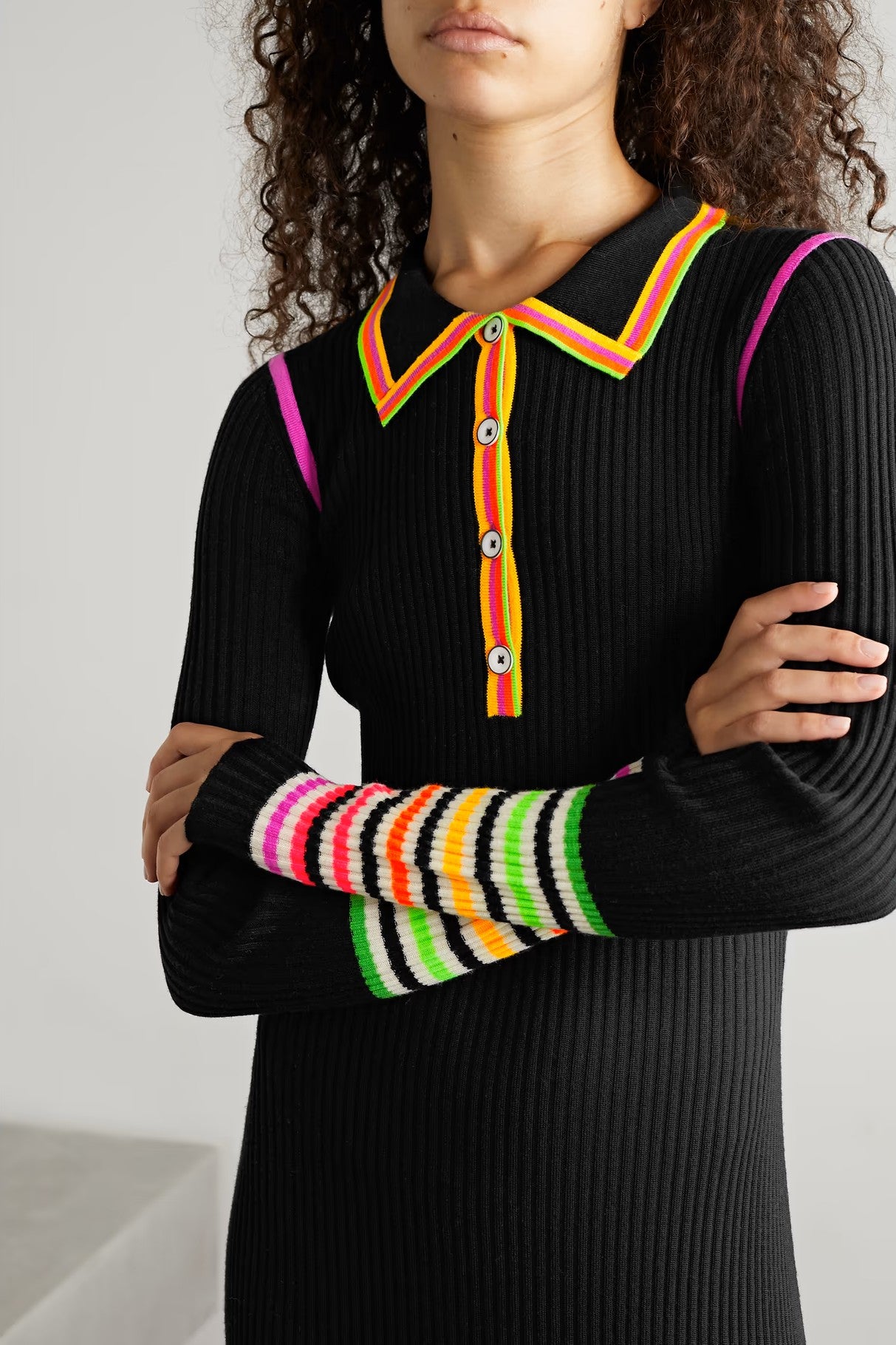 Pleated striped ribbed wool maxi dress