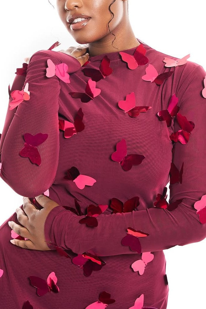Butterfly Embellished Mesh Dress