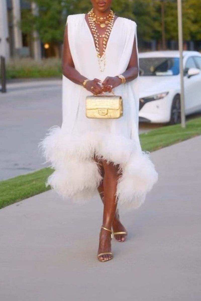 Elegant Feather Patchwork Irregular Hem Midi Dress
