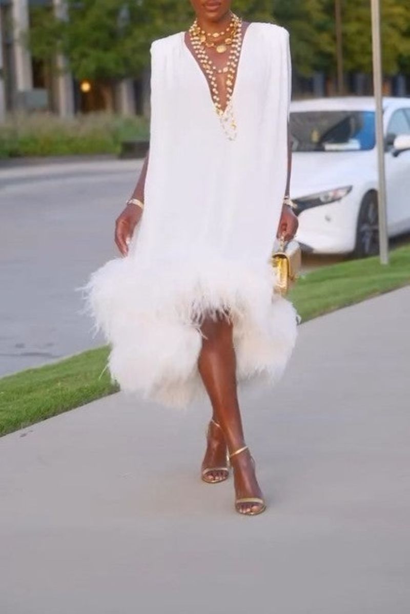 Elegant Feather Patchwork Irregular Hem Midi Dress