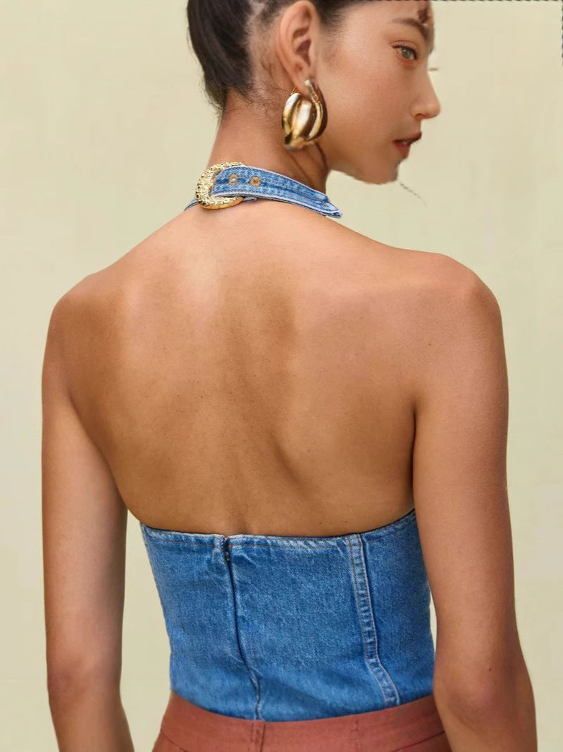 Blue Denim Dress with Gold Accents