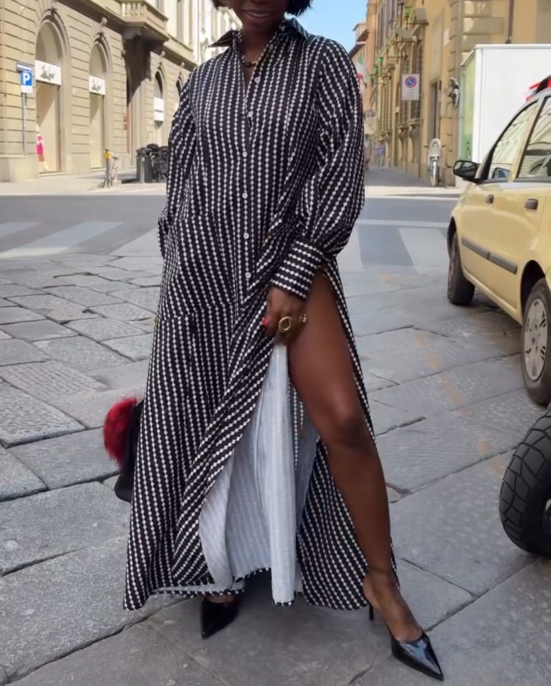 Maxi Flared Shirt Dress In Black&White Diamond Stripes