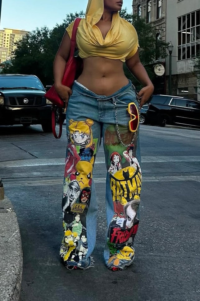 Custom comic chain detail wide-leg jeans