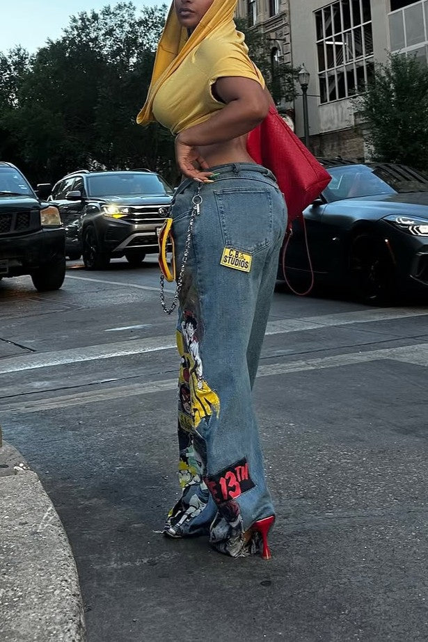 Custom comic chain detail wide-leg jeans