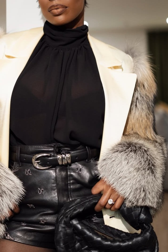 Plush-Sleeve Leather Coat