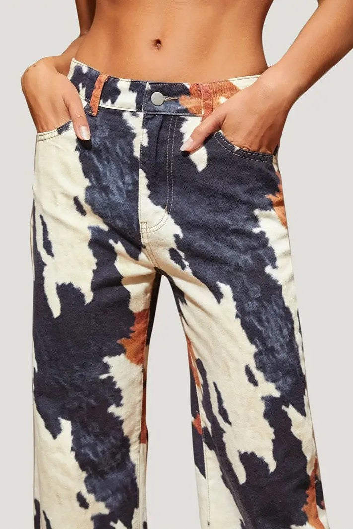 Multi Color Print Straight Leg Jeans