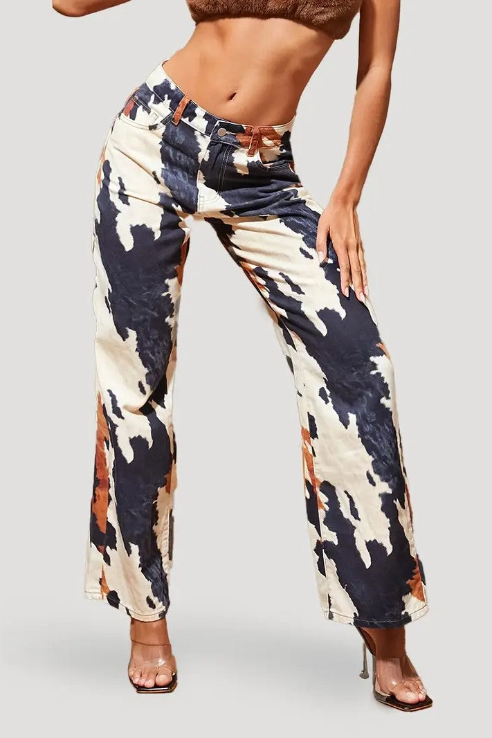 Multi Color Print Straight Leg Jeans