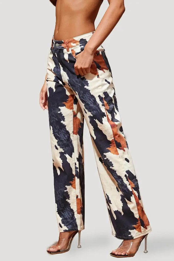 Multi Color Print Straight Leg Jeans