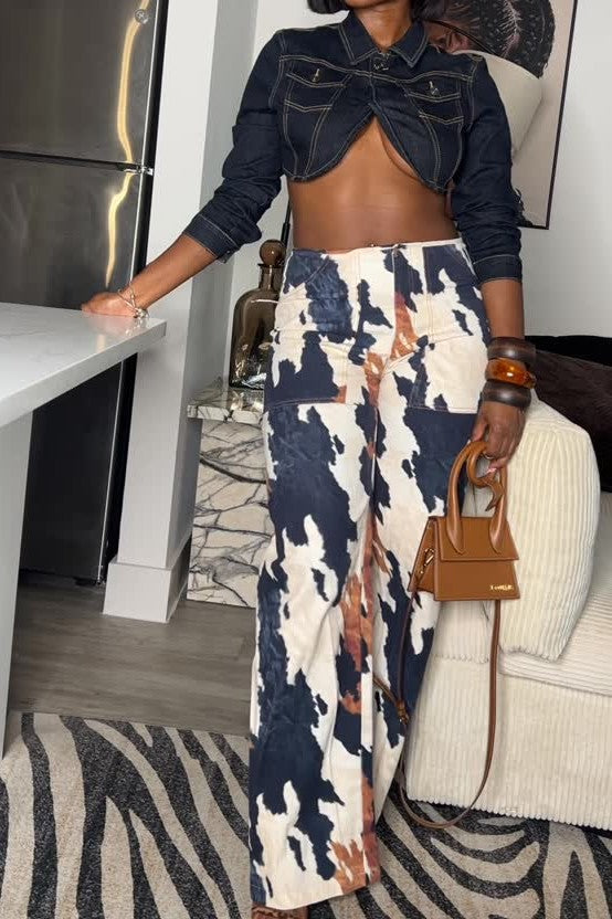 Multi Color Print Straight Leg Jeans