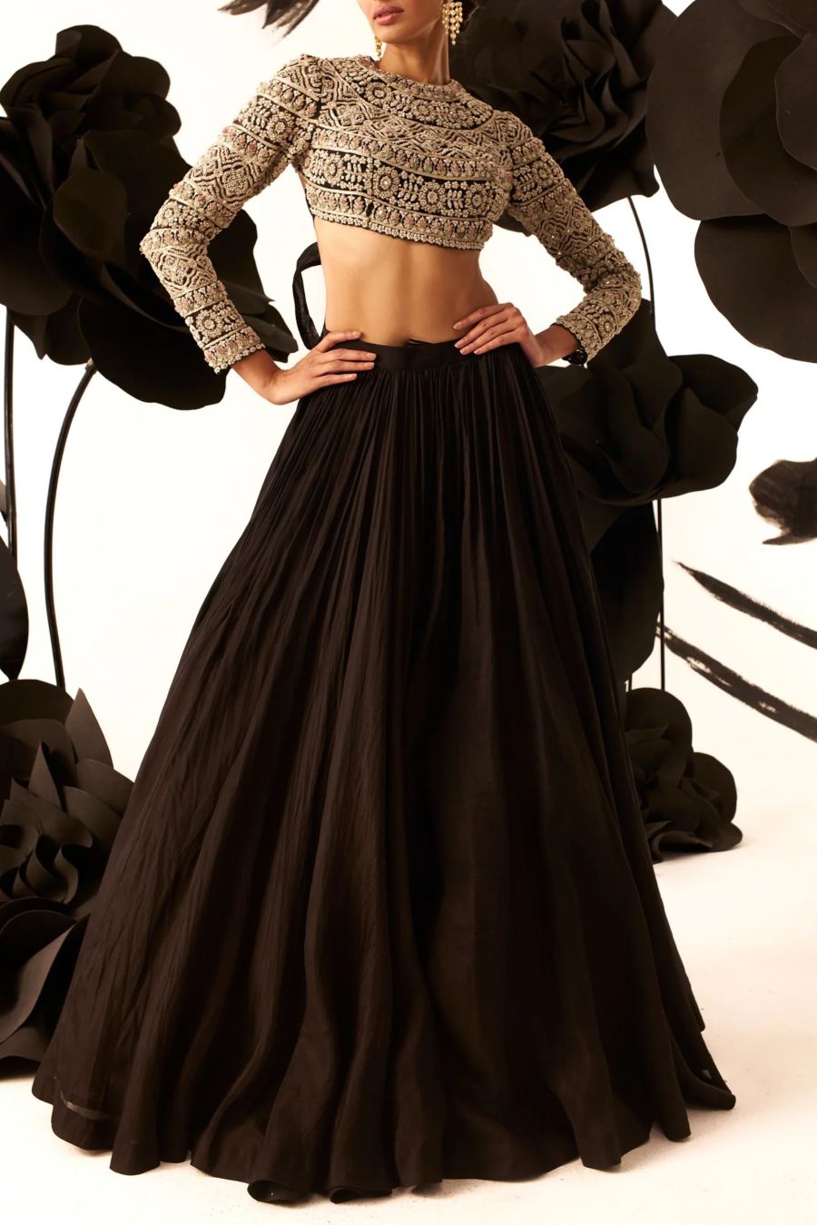 Black Floral Pattern Blouse & Skirt Set