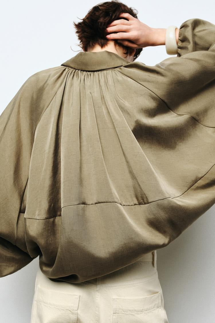 Bomber Puff Sleeve Silk Shirt And Pants Set