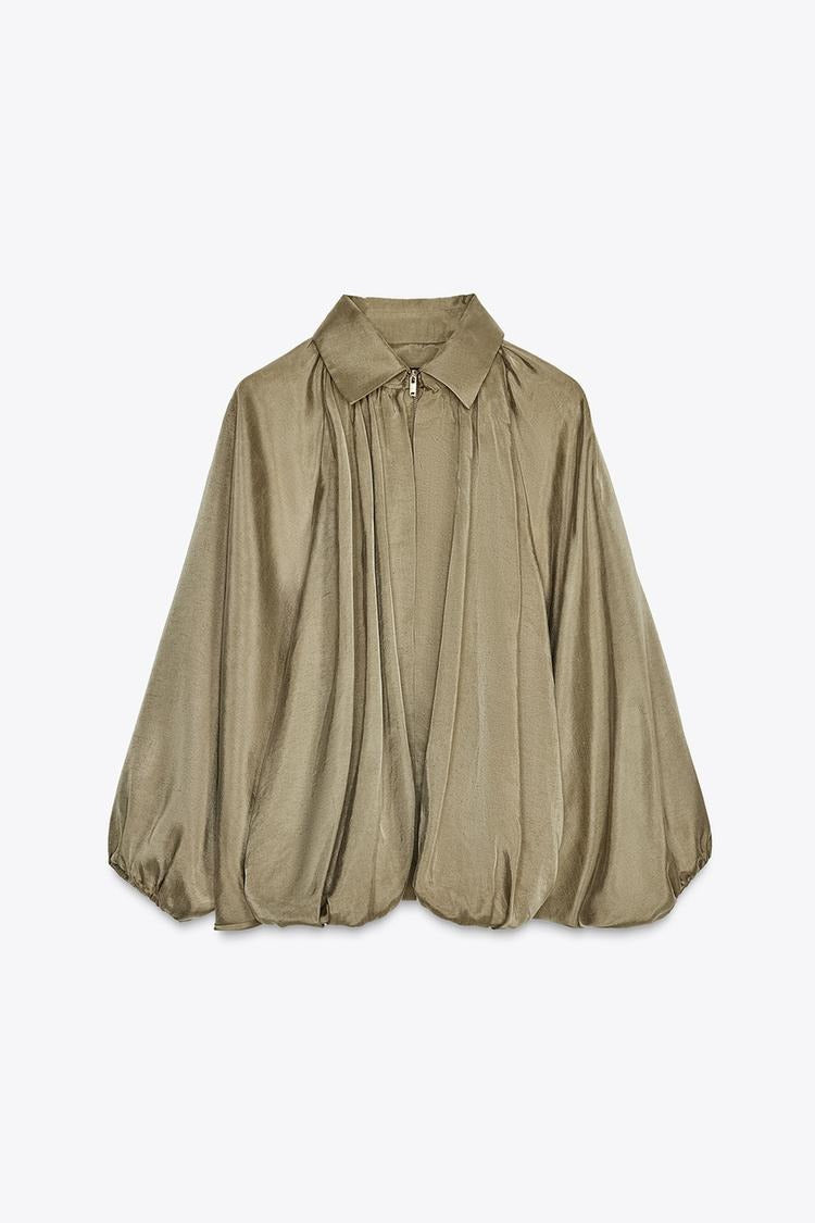 Bomber Puff Sleeve Silk Shirt And Pants Set