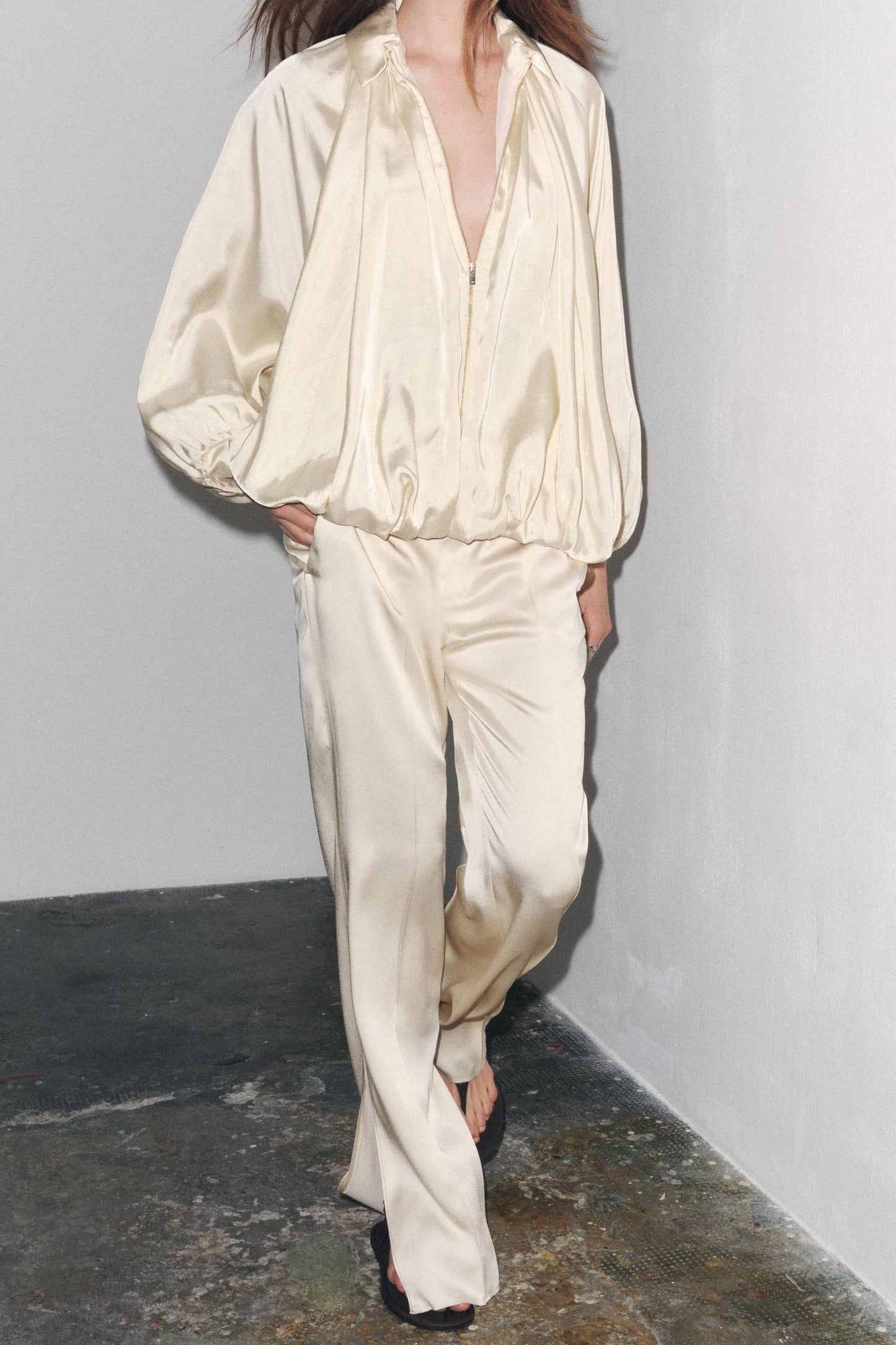 Bomber Puff Sleeve Silk Shirt And Pants Set