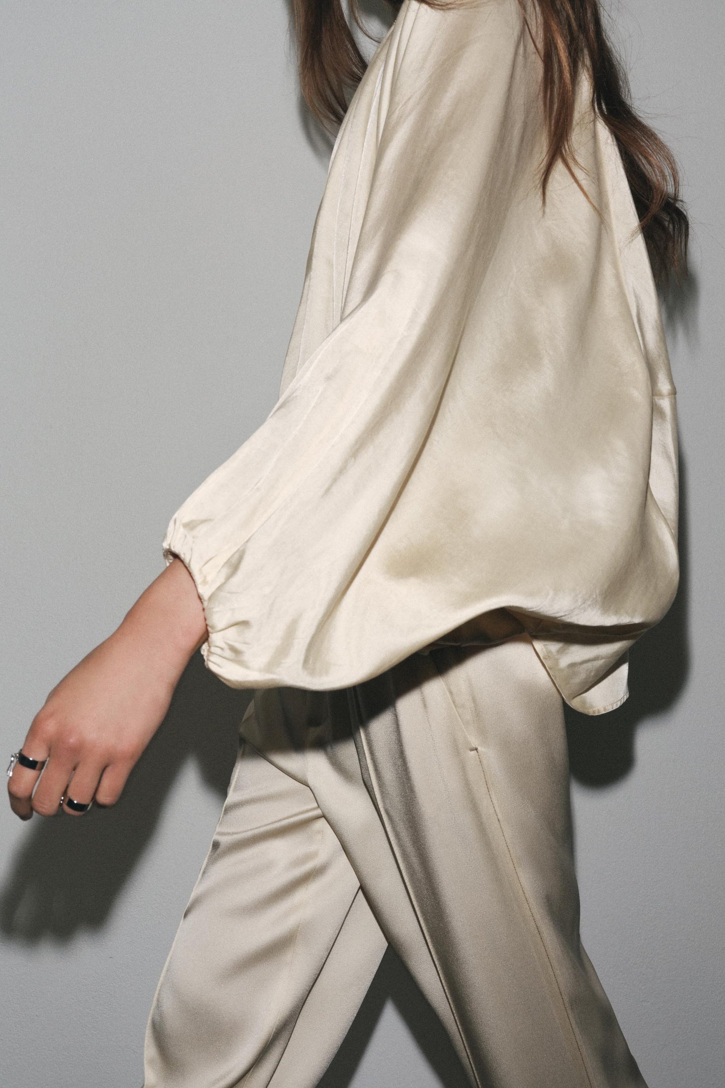Bomber Puff Sleeve Silk Shirt And Pants Set