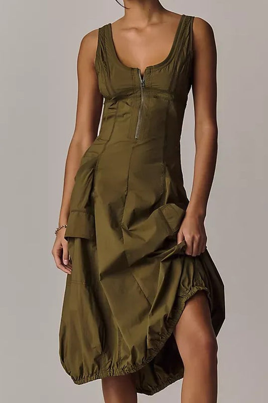 Olive Bubble Hem Midi Dress