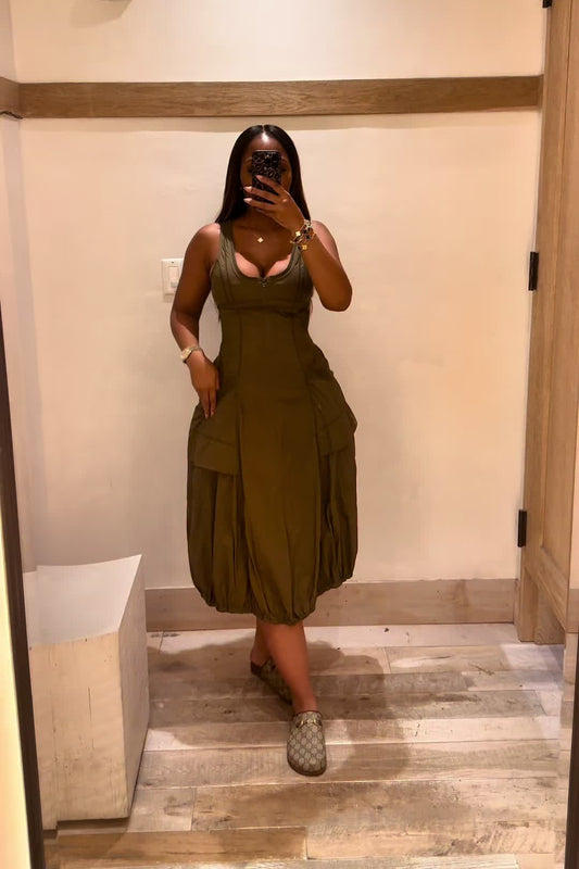 Olive Bubble Hem Midi Dress