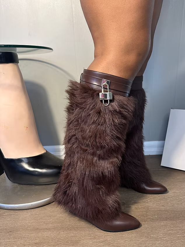 Fur Oversleeves Wedge Boot With Locket Charm