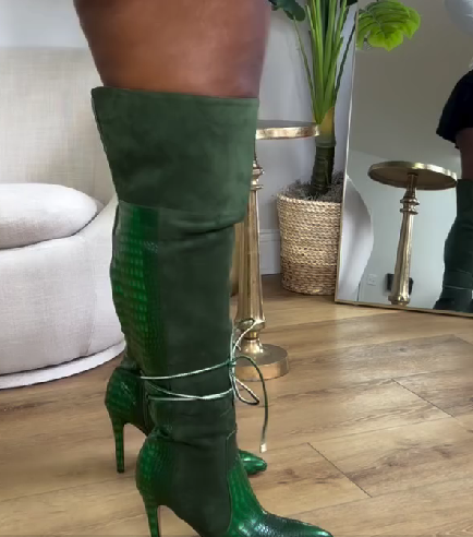 Alligator Leather Foldable Boots With Stitching & Lace-Up