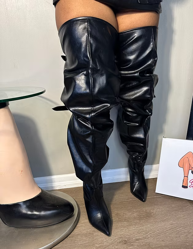 Thigh High Boot With Back Slit & Adjustable Buckle Stiletto