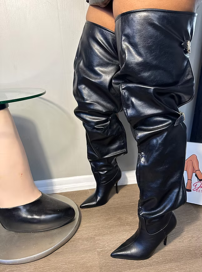 Thigh High Boot With Back Slit & Adjustable Buckle Stiletto