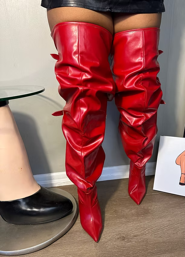 Thigh High Boot With Back Slit & Adjustable Buckle Stiletto