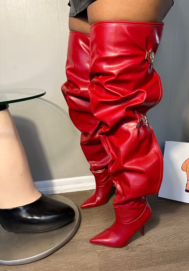 Thigh High Boot With Back Slit & Adjustable Buckle Stiletto
