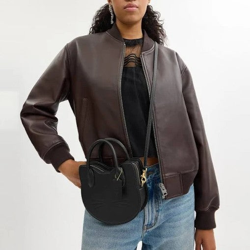 Stylish Glovetanned Leather Cat Bag in Brass/Black