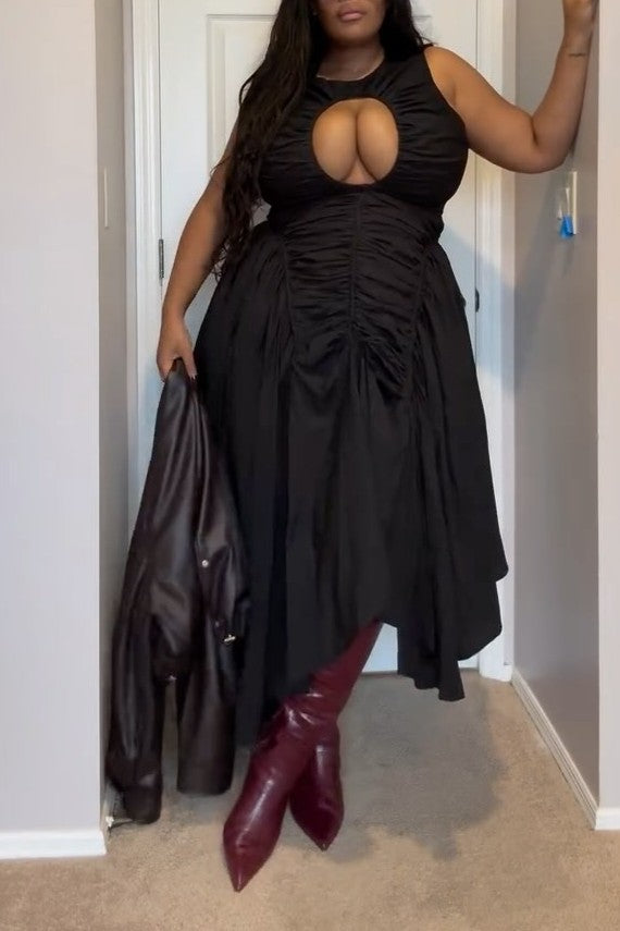 Lock-button Pleated Long Dress