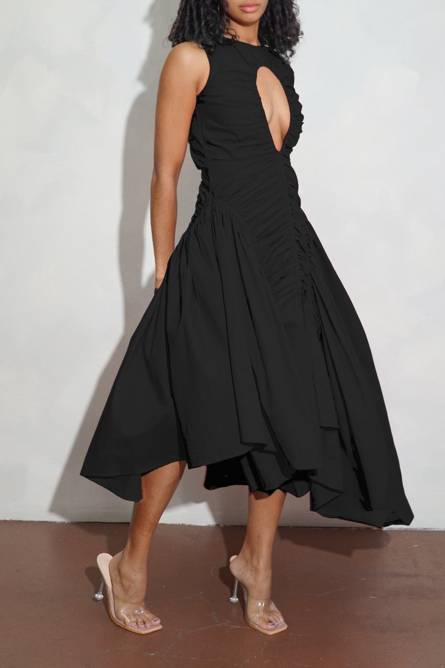 Lock-button Pleated Long Dress
