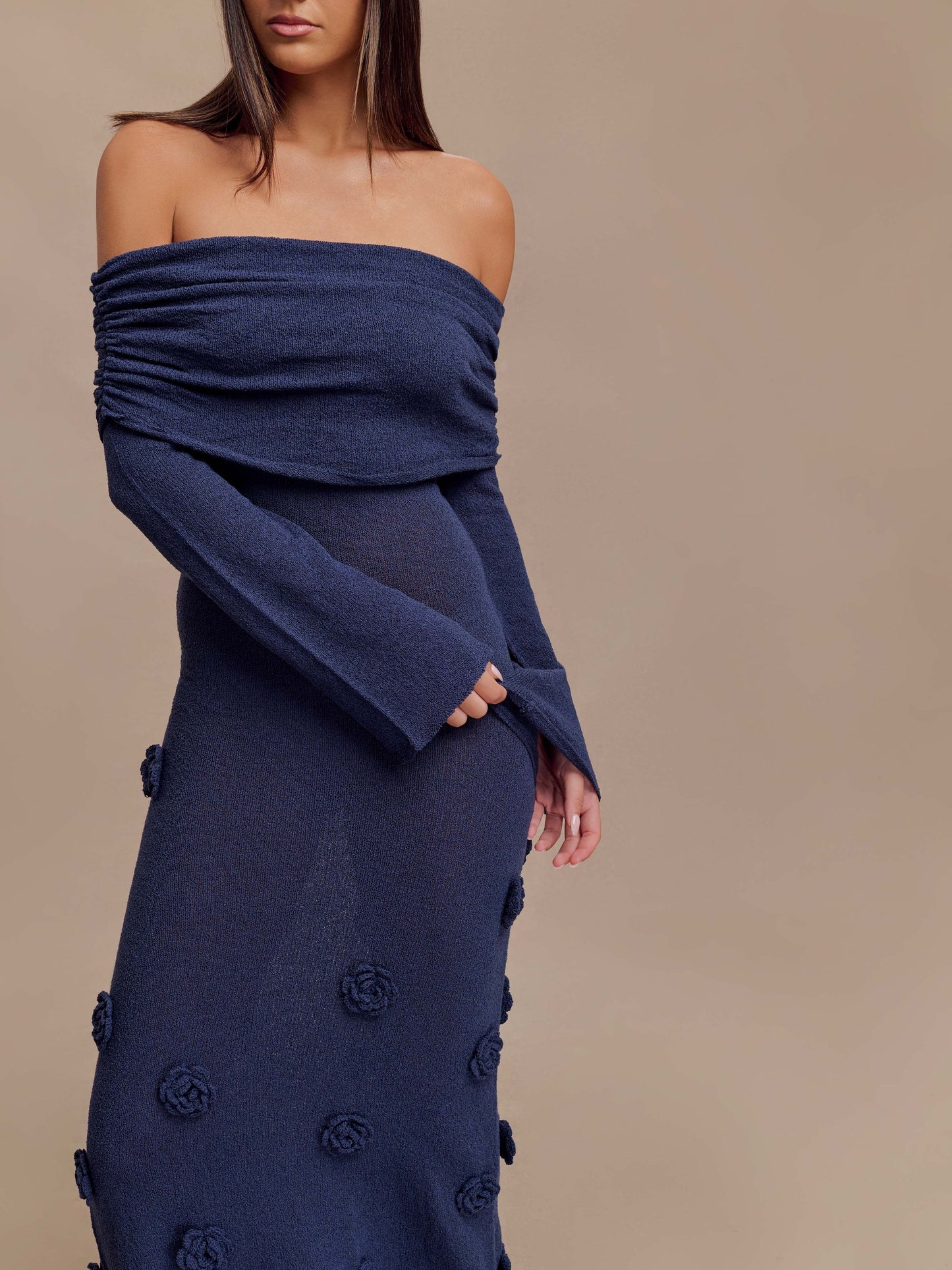 Knitted Rose Detail Off-shoulder Maxi Dress