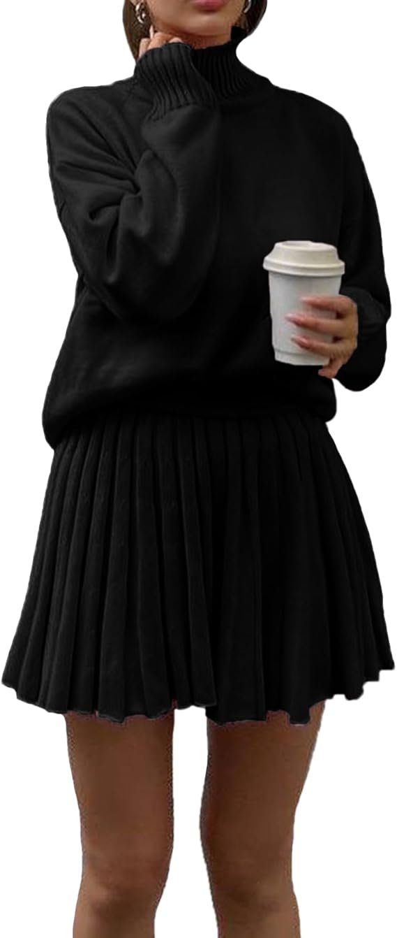 Turtleneck Pullover Sweaters and Pleated Mini Skirt 2PC Set