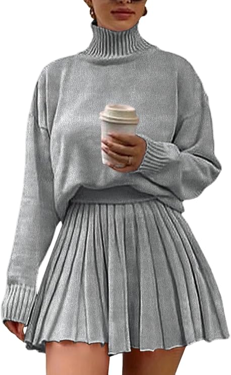 Turtleneck Pullover Sweaters and Pleated Mini Skirt 2PC Set