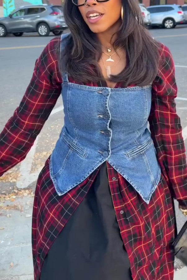 Denim Overalls and Plaid Long Shirt Suit