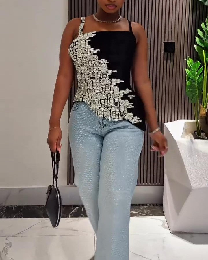 Rhinestone-studded Suede Camisole