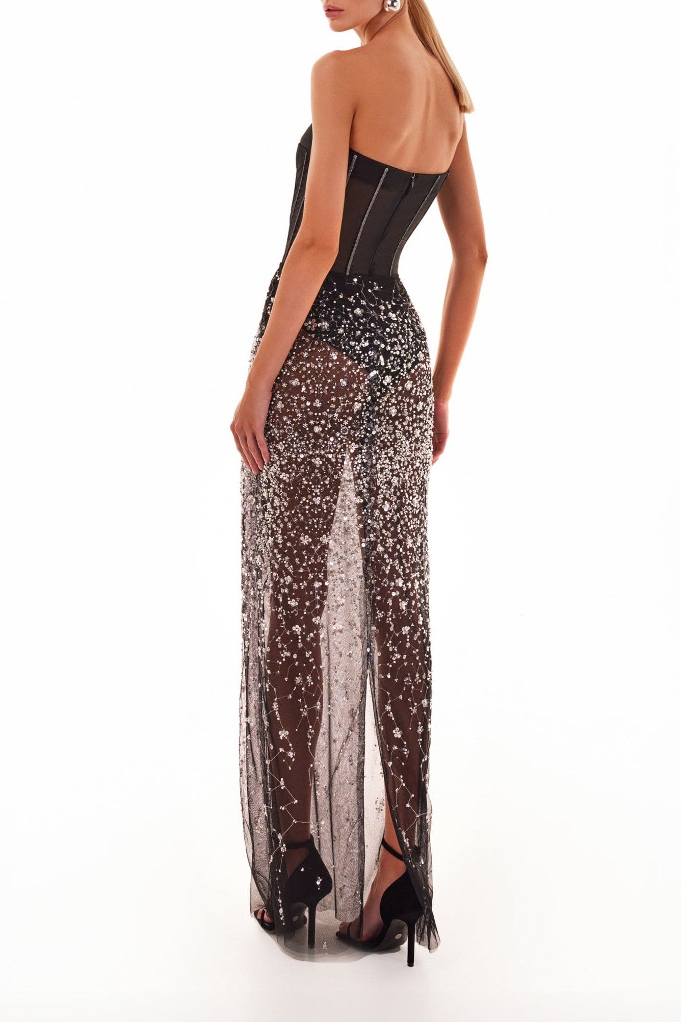 Black Tulle Long Skirt Adorned with Crystals