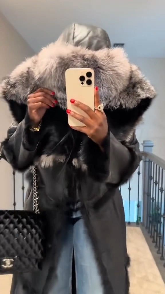 Black Faux Leather Long Hooded Coat With Faux Fur Trim